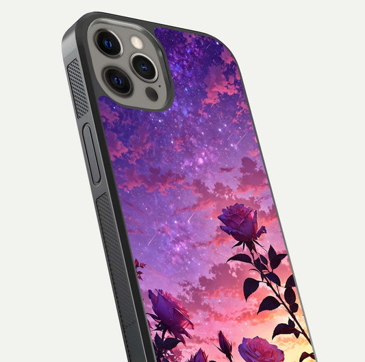 Starlit Rose Twilight Glass Case for iPhone 12 Pro Max close-up angled shot highlighting rose detail and reflection