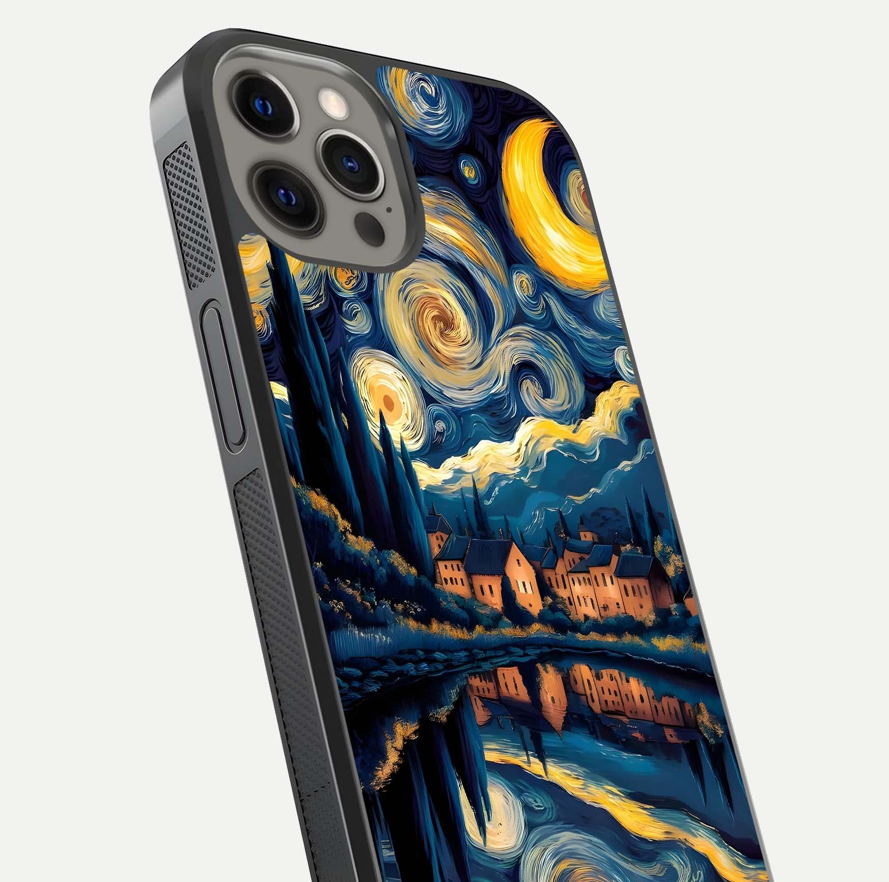 Starry Sky Serenity Glass Case for iPhone 12 Pro Max close-up angled shot highlighting light reflection and blue hues
