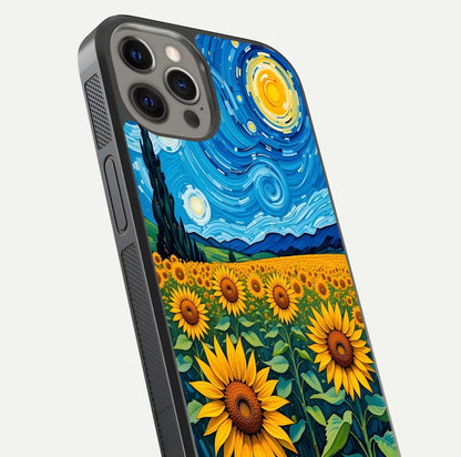 Starry Sunflower Dreams Glass Case for iPhone 12 Pro Max close-up angled shot highlighting petal texture and gloss