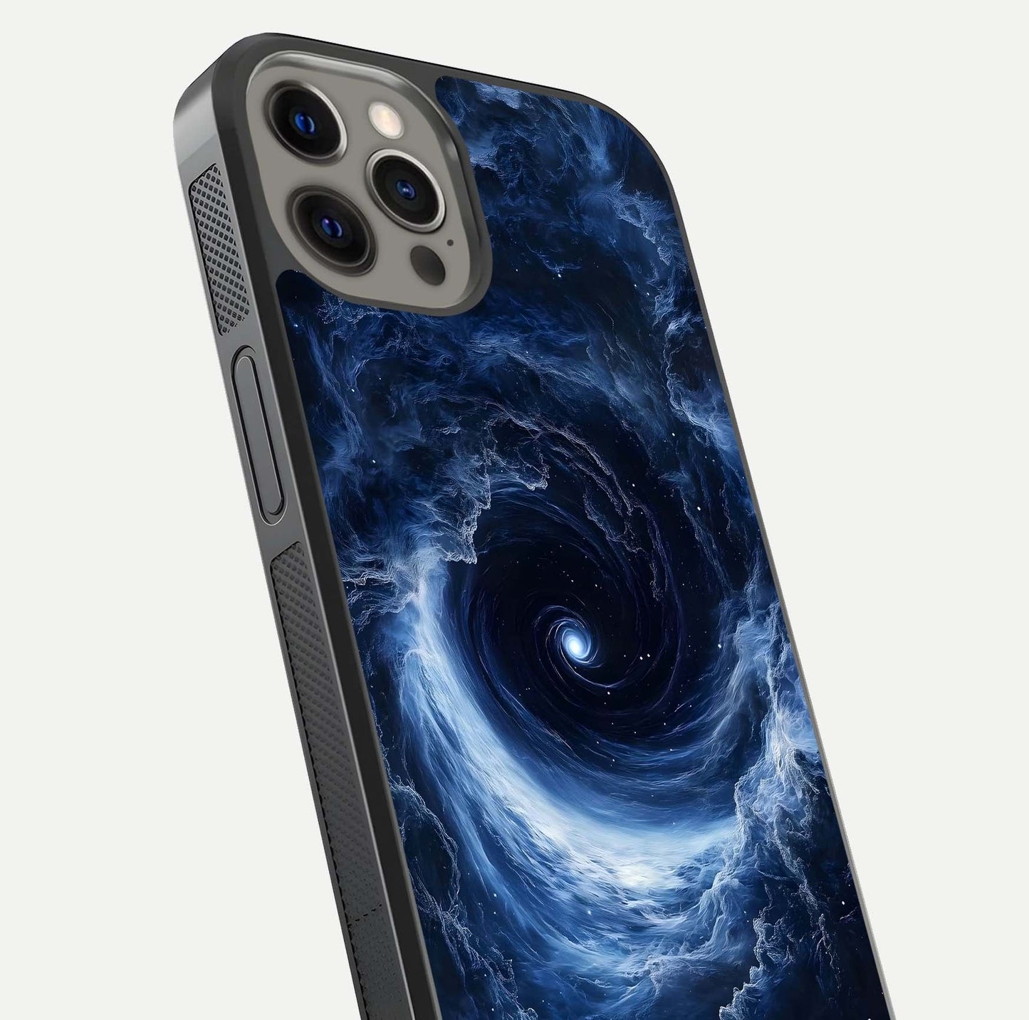 Stunning Galaxy Glass Case for iPhone 12 Pro Max close-up angled shot highlighting nebula tones and HD reflection