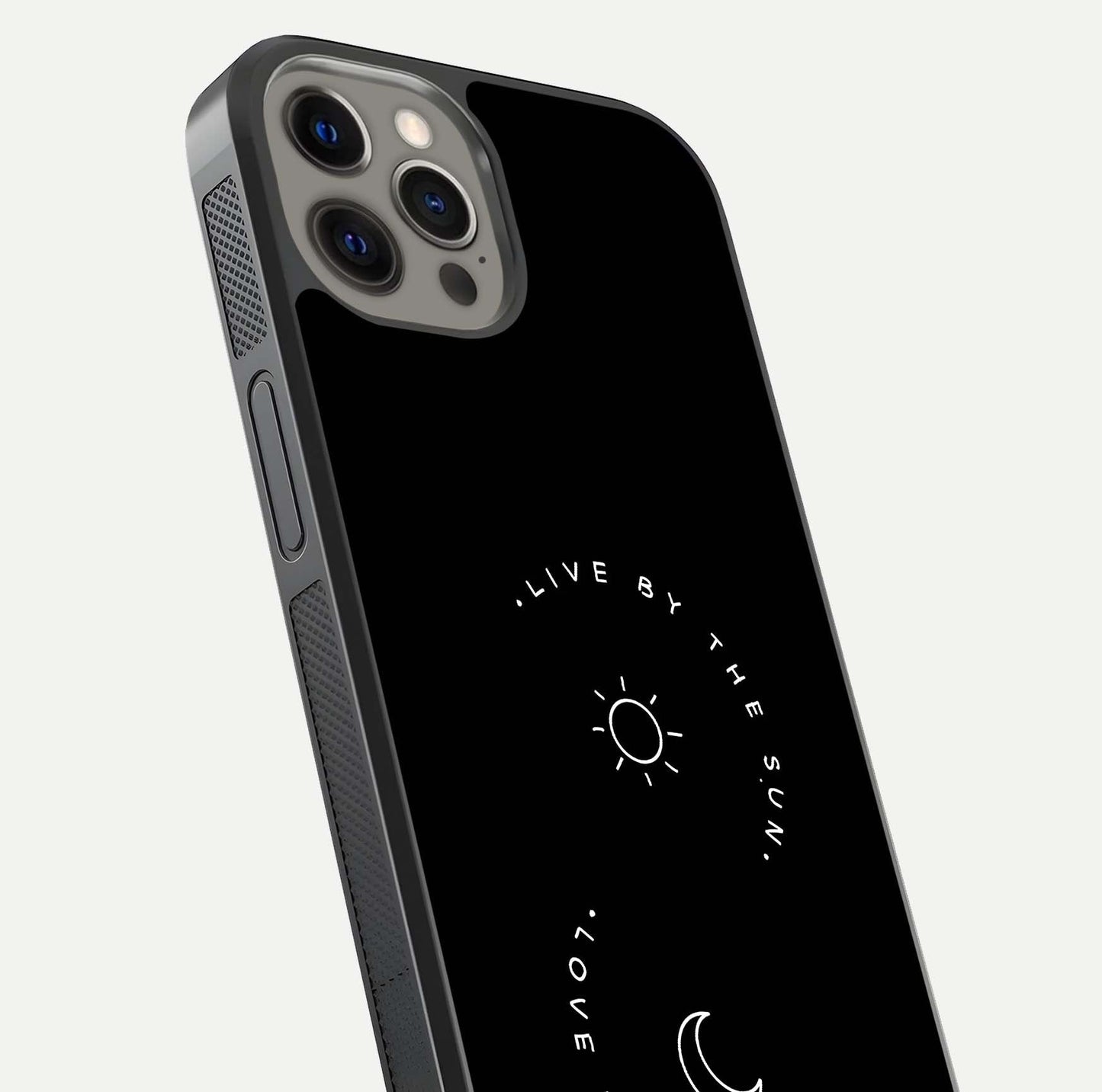 Sun Moon Balance Glass Case for iPhone 12 Pro Max close-up angled shot highlighting cosmic art and HD reflection