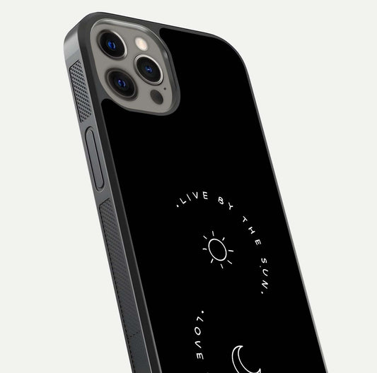 Sun Moon Balance Glass Case for iPhone 12 Pro Max close-up angled shot highlighting cosmic art and HD reflection