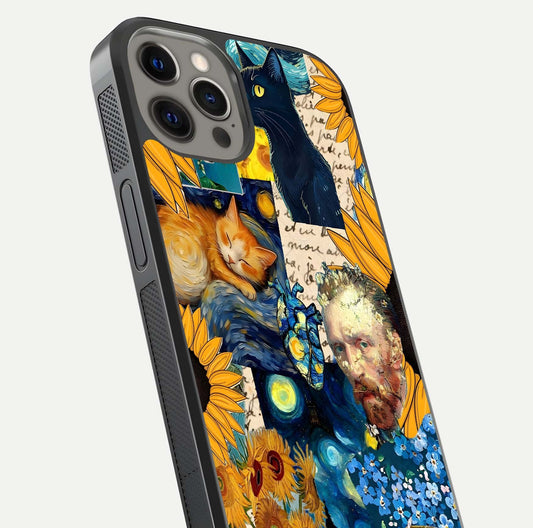 Sunflower Cat Art Glass Case for iPhone 12 Pro Max close-up angled shot highlighting yellow tones and art reflection
