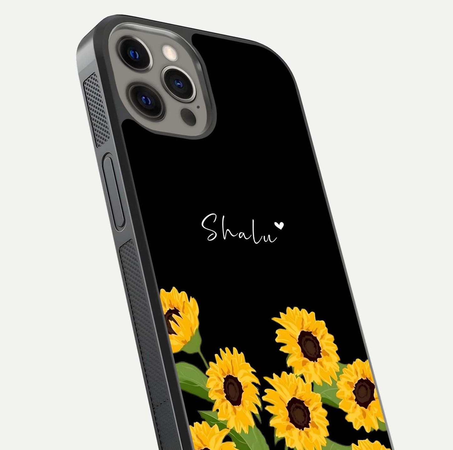 Sunflower Chic Mood Custom Name Glass Case for iPhone 12 Pro Max close-up angled shot showing HD sunflower pattern