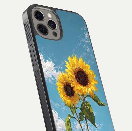 Sunflower Sky Bloom Glass Case for iPhone 12 Pro Max close-up angled shot highlighting petal details and reflection