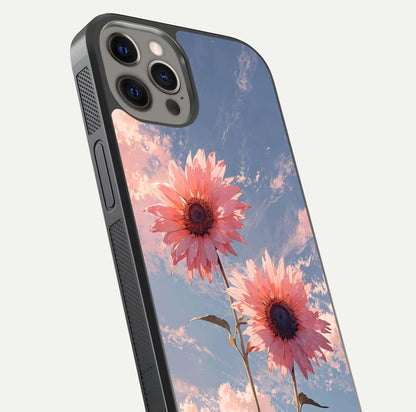 Sunlit Daisy Glow Glass Case for iPhone 12 Pro Max close-up angled shot highlighting petal texture and reflection