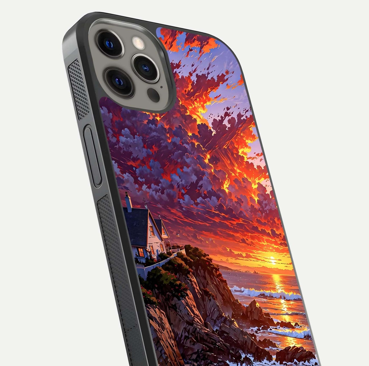 Sunset House by Sea Glass Case for iPhone 12 Pro Max close-up angled shot highlighting sunset tones and water glow
