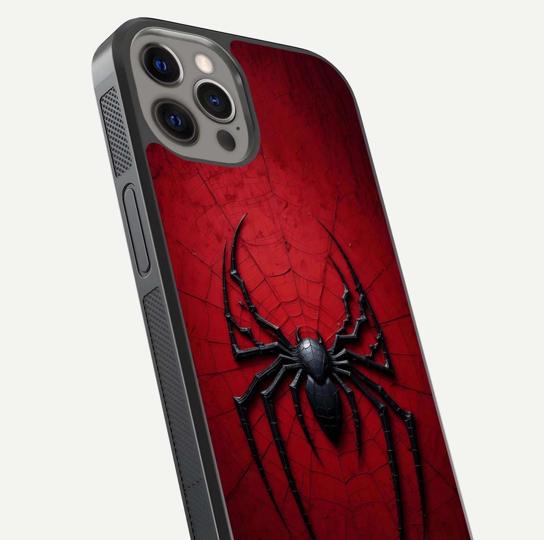 Venom Web Emblem Glass Case for iPhone 12 Pro Max close-up angled shot highlighting sharp logo lines and reflection