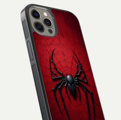 Venom Web Emblem Glass Case for iPhone 12 Pro Max close-up angled shot highlighting sharp logo lines and reflection