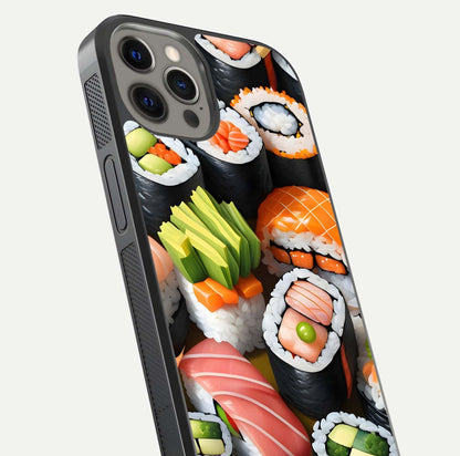 Sushi Food Pattern Glass Case for iPhone 12 Pro Max close-up angled shot highlighting colorful sushi prints and reflection