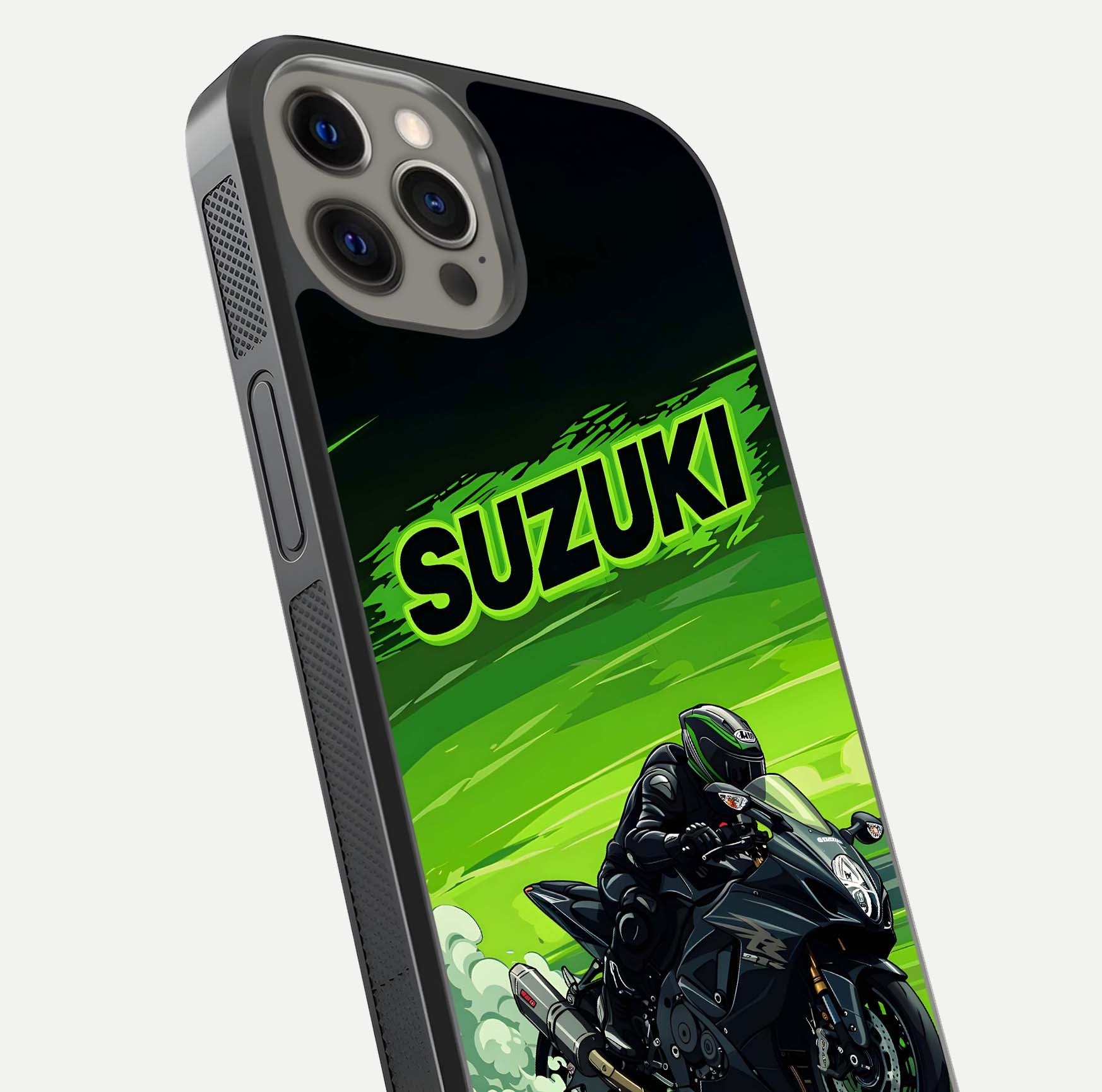 Suzuki Speed Beast Glass Case for iPhone 12 Pro Max close-up angled shot highlighting bold tones and reflection