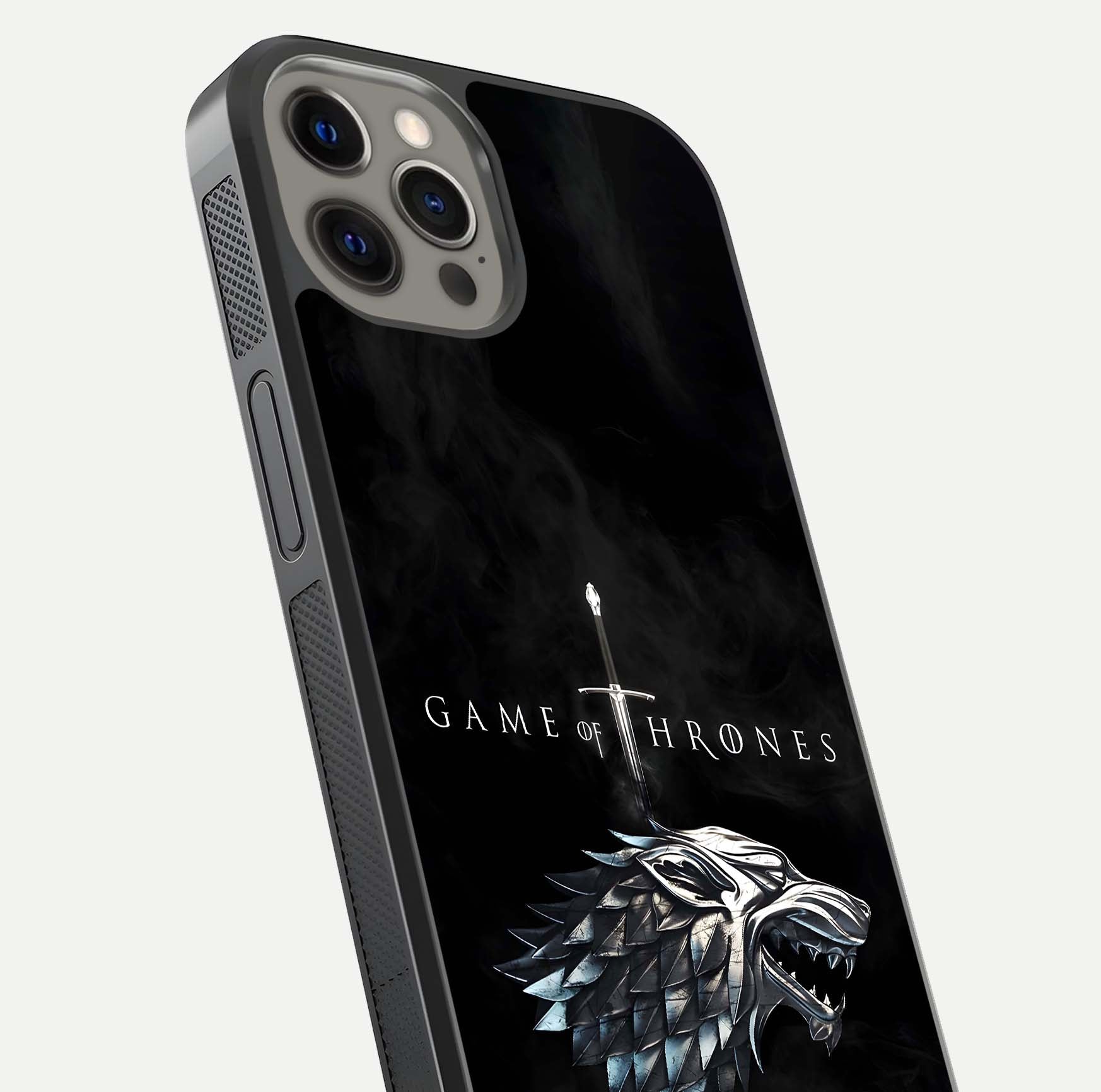 Throne Wolf Legacy Glass Case for iPhone 12 Pro Max close-up angled shot highlighting fur texture and reflection