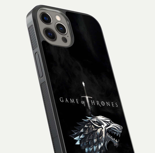 Throne Wolf Legacy Glass Case for iPhone 12 Pro Max close-up angled shot highlighting fur texture and reflection