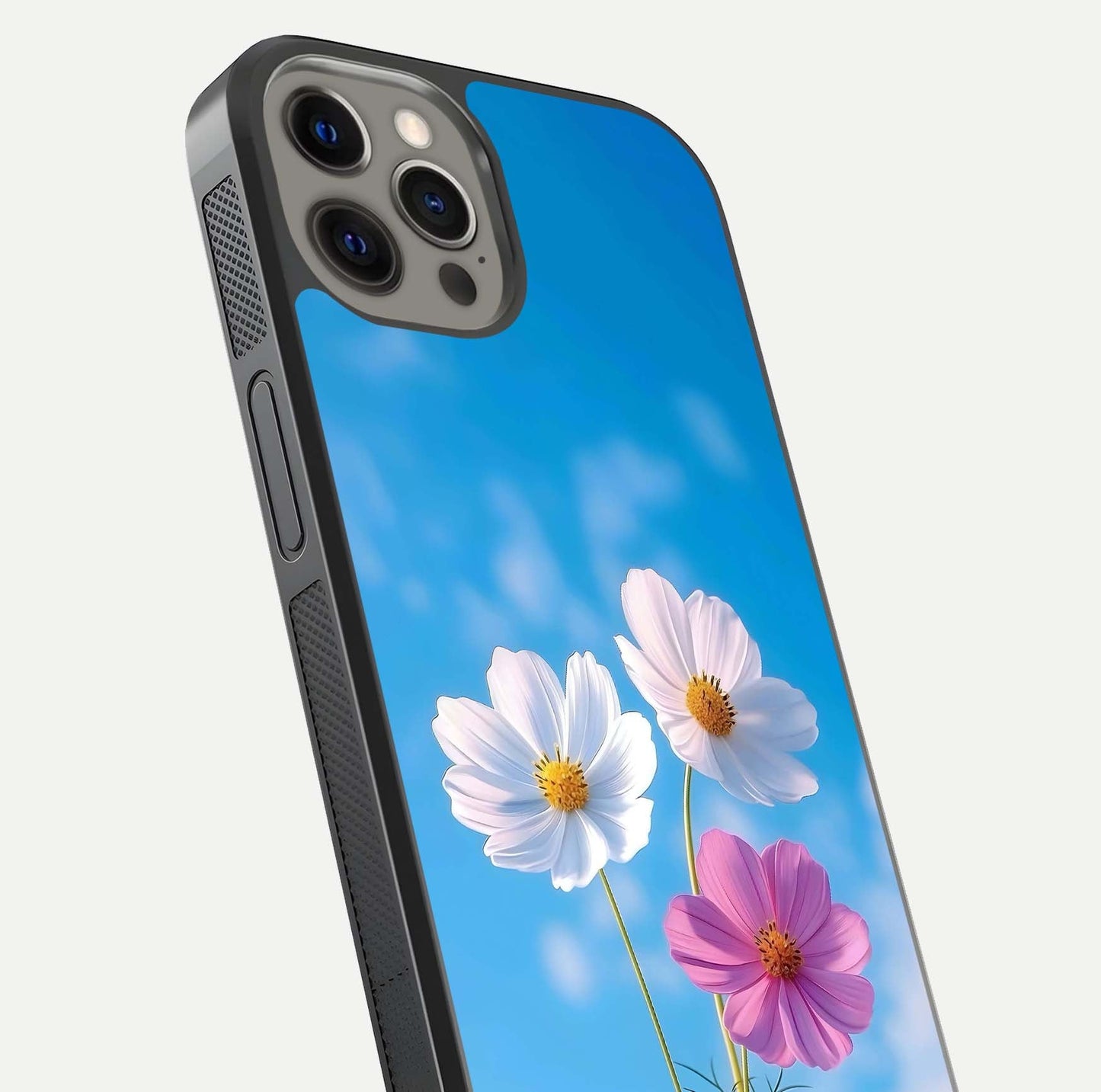 Triple Flowers With Sky Glass Case for iPhone 12 Pro Max close-up angled shot highlighting petal and reflection details