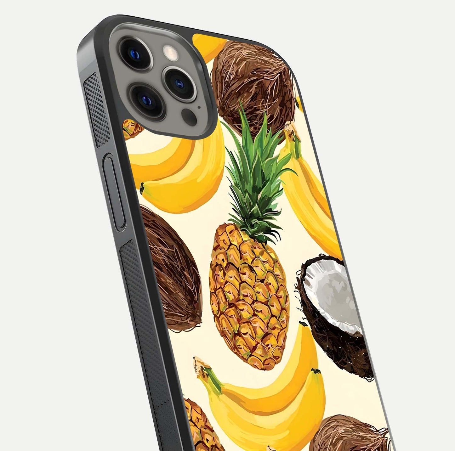 Tropical Fruit Mood Glass Case for iPhone 12 Pro Max close-up angled shot highlighting fruit texture and reflection
