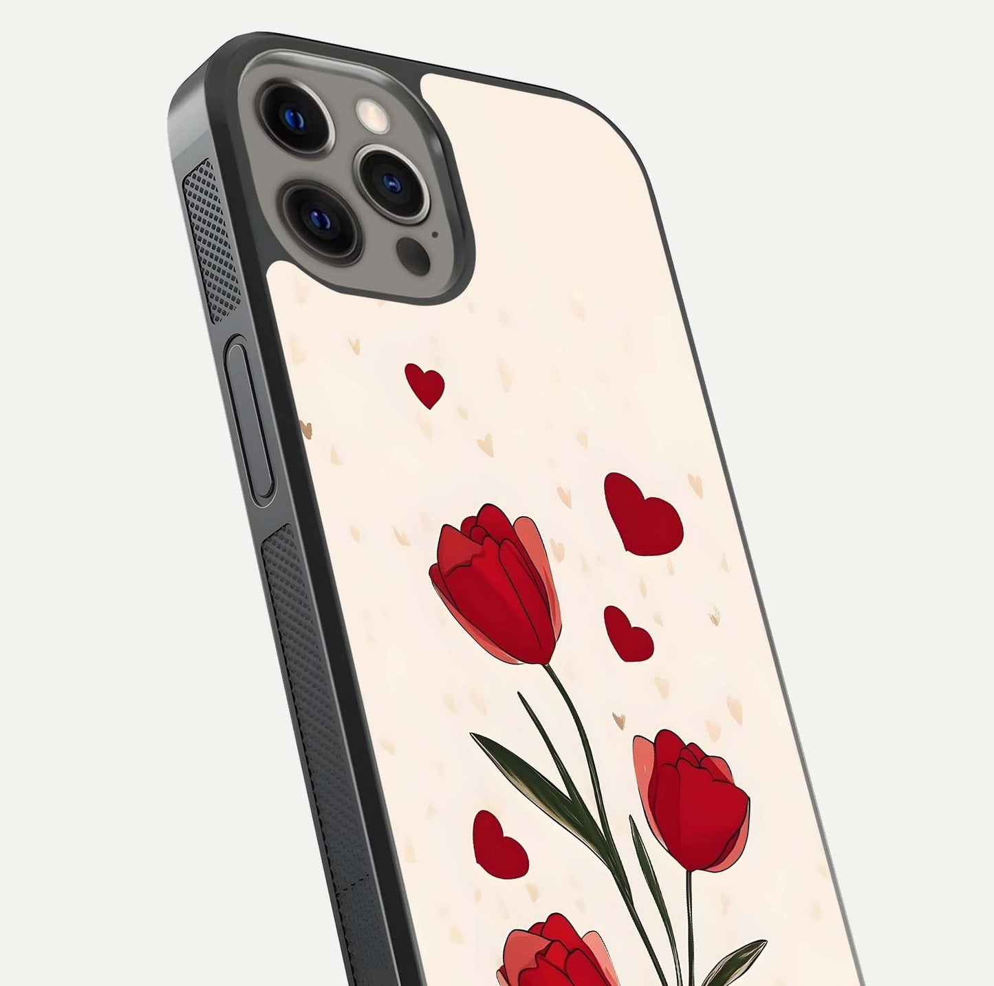 Tulip With Heart Glass Case for iPhone 12 Pro Max close-up angled shot highlighting petal details and reflection