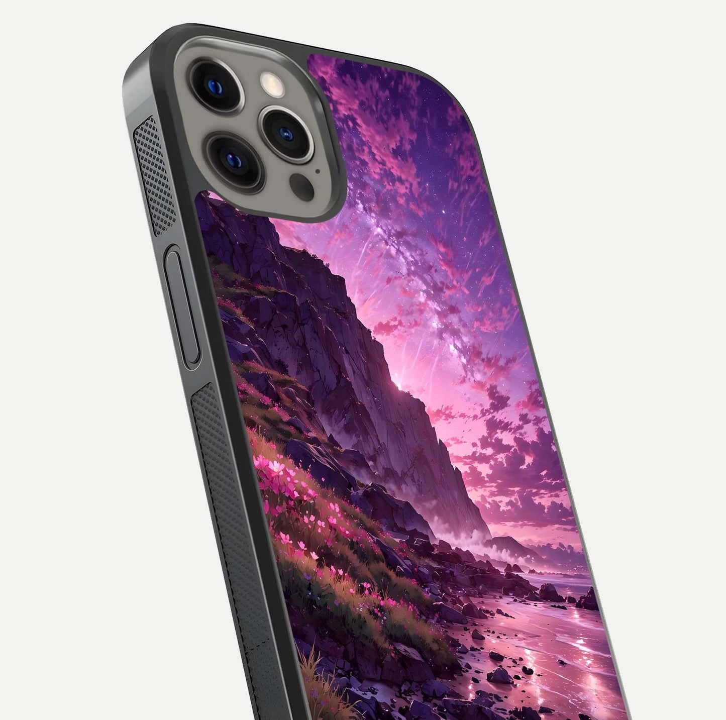 Twilight Blossom Coast Glass Case for iPhone 12 Pro Max close-up angled shot highlighting gradient sky and reflection