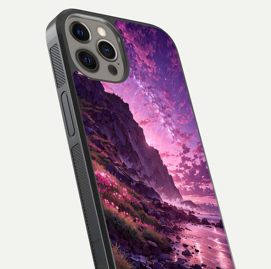 Twilight Blossom Coast Glass Case for iPhone 12 Pro Max close-up angled shot highlighting gradient sky and reflection