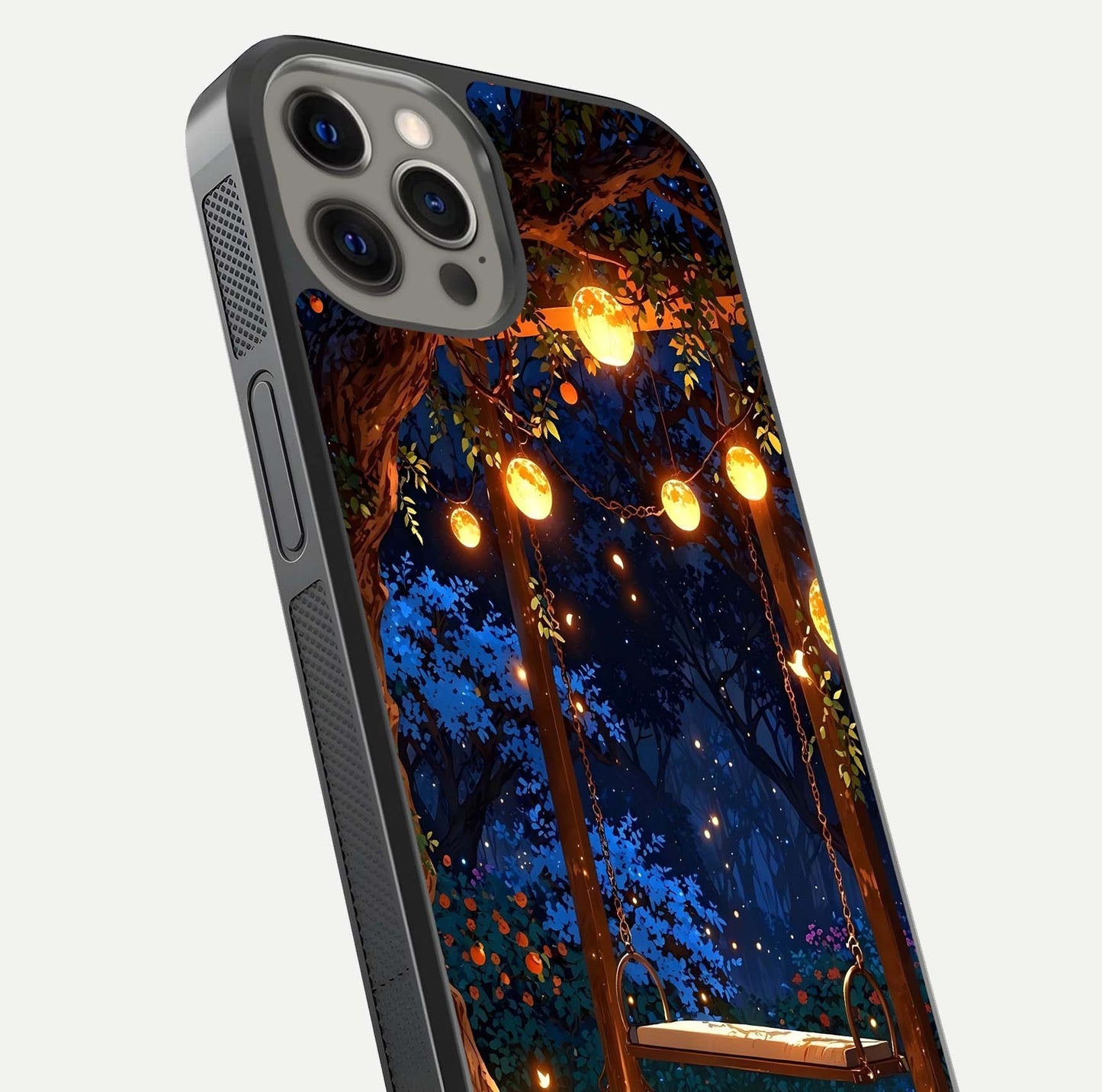 Twilight Garden Swing Glass Case for iPhone 12 Pro Max close-up angled shot highlighting floral tones and reflection
