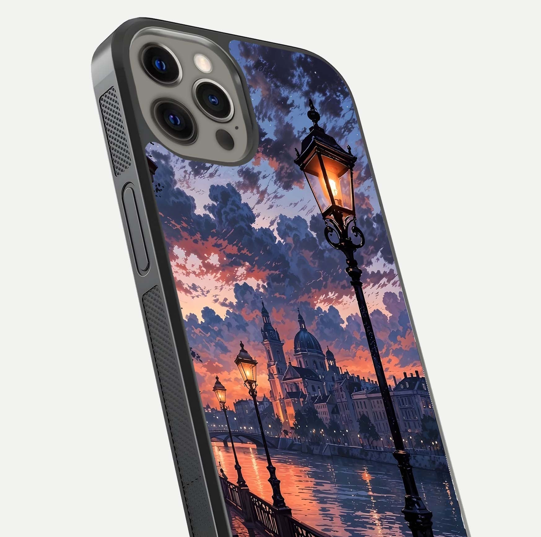 Twilight River Lights Glass Case for iPhone 12 Pro Max close-up angled shot highlighting river reflections and color tones