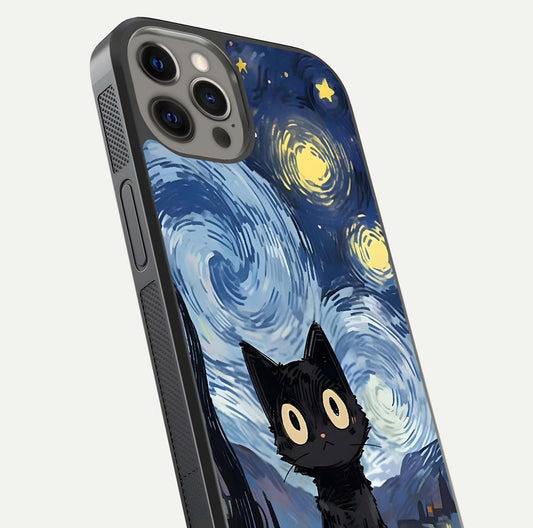 Van Gogh Cat Glass Case for iPhone 12 Pro Max close-up angled shot highlighting brushstroke texture and reflection