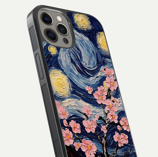 Van Gogh Scenery Glass Case for iPhone 12 Pro Max close-up angled shot highlighting brushwork texture and color depth