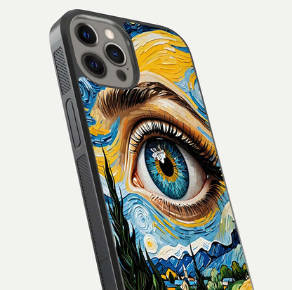 Van Gogh Eye Glass Case for iPhone 12 Pro Max close-up angled shot highlighting color blend and gloss reflection