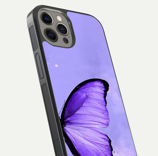 Violet Dream Wing Glass Case for iPhone 12 Pro Max close-up angled shot highlighting wing texture and reflection