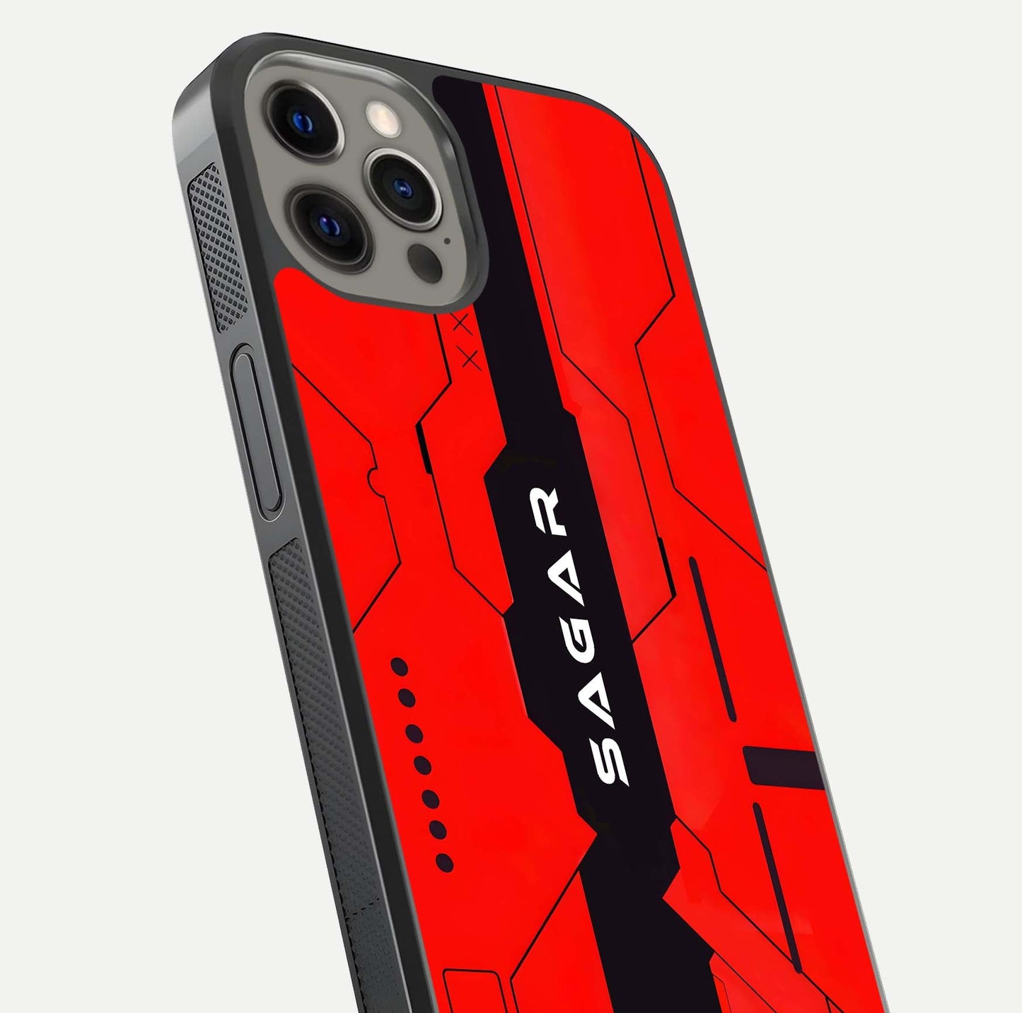 Voltage Rise CYBERPUNK Custom Name Glass Case for iPhone 12 Pro Max close-up angled shot highlighting neon glow and reflection