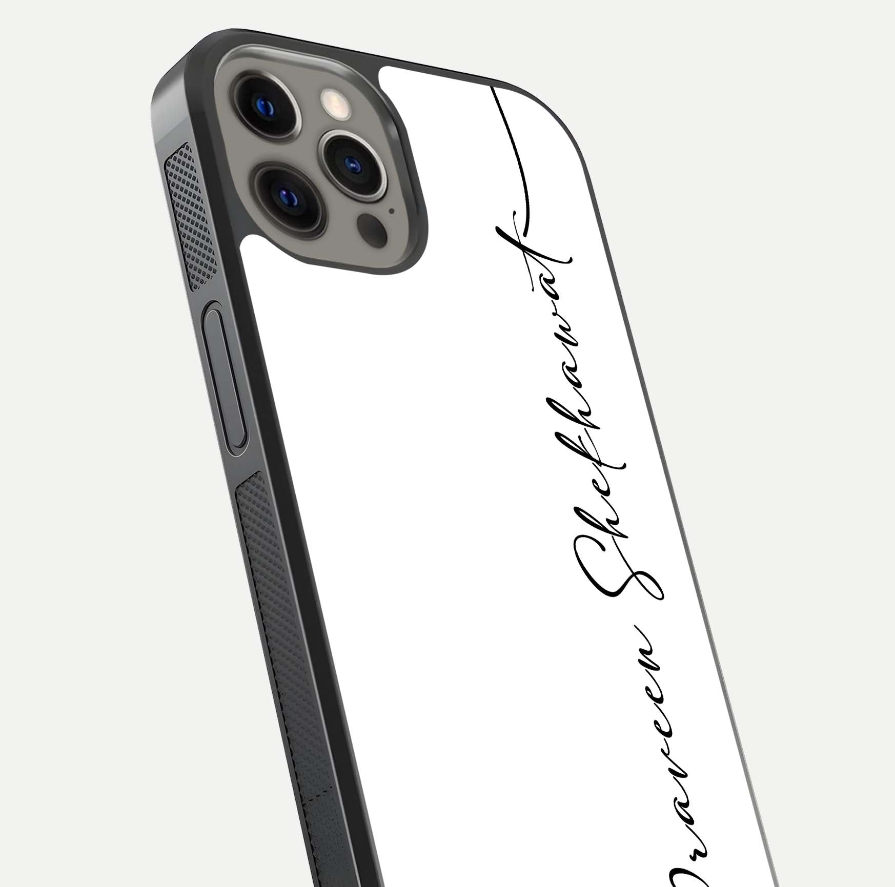 White Tune Custom Name Glass Case for iPhone 12 Pro Max close-up angled shot highlighting gloss reflection and texture