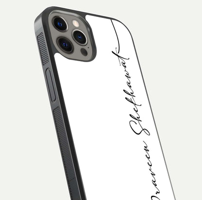 White Tune Custom Name Glass Case for iPhone 12 Pro Max close-up angled shot highlighting gloss reflection and texture