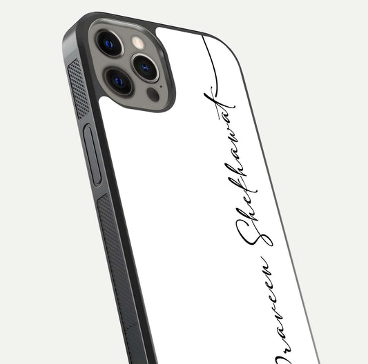 White Tune Custom Name Glass Case for iPhone 12 Pro Max close-up angled shot highlighting gloss reflection and texture