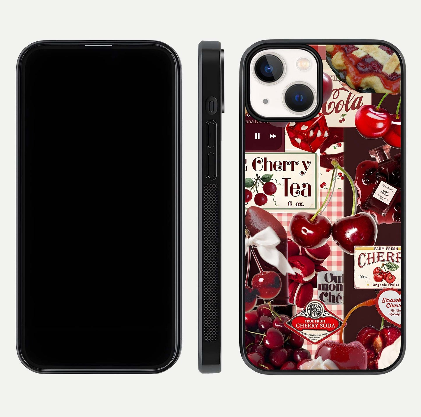Aesthetic Cherry Tea Glass Case for iPhone 16 Pro front and back view layout showing black front display and artistic cherry-themed glass back