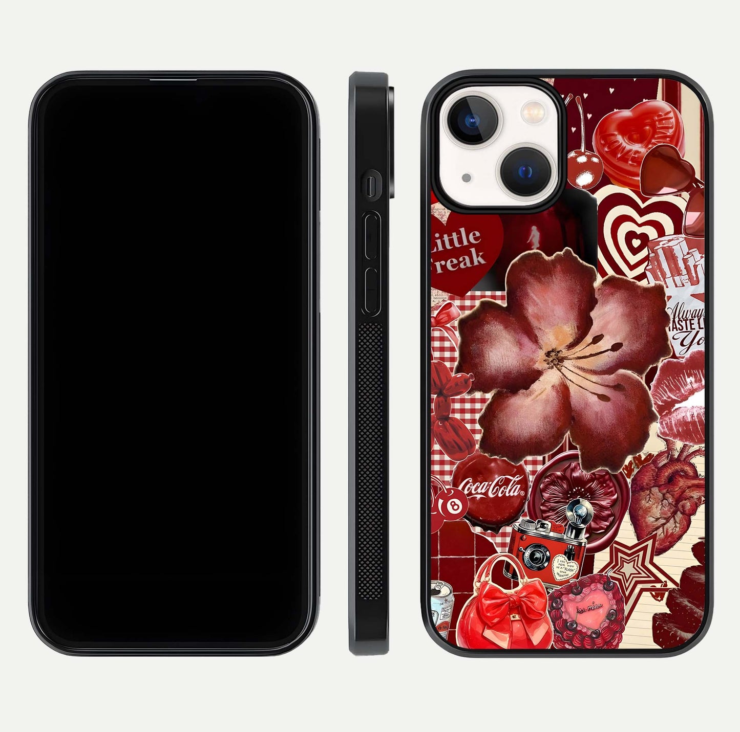 Aesthetic Little Freak Glass Case for iPhone 16 Pro front and back view layout showing black front display and trendy collage glass back