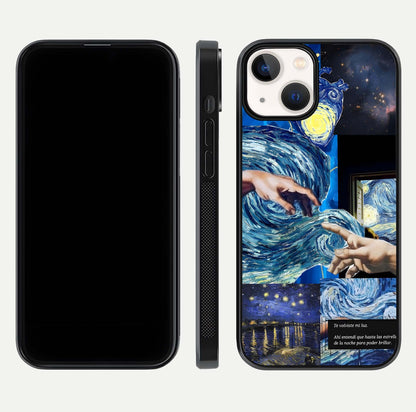 Aesthetic Vando Hands Glass Case for iPhone 16 Pro front and back layout highlighting camera cutout and premium glass shine