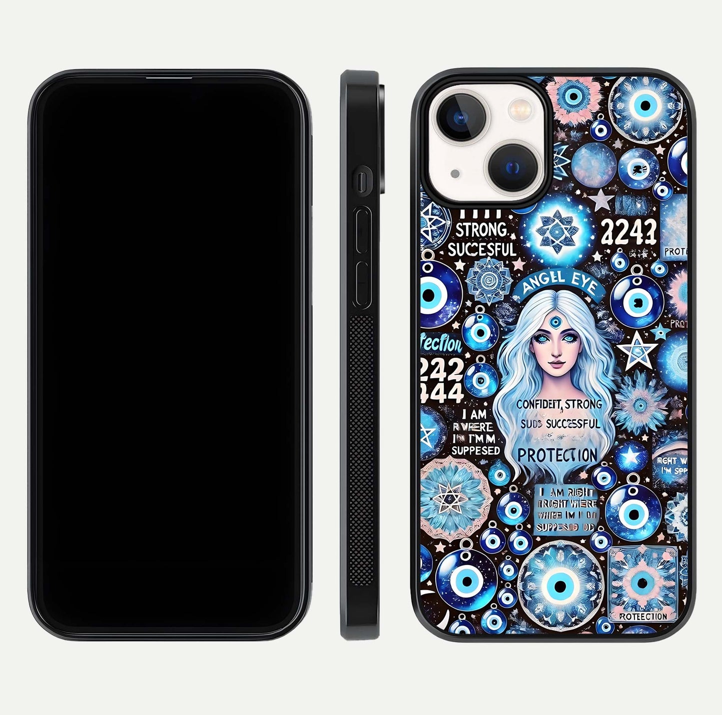 Angel Aura Shield Glass Case for iPhone 16 Pro front and back display highlighting glass clarity and spiritual design