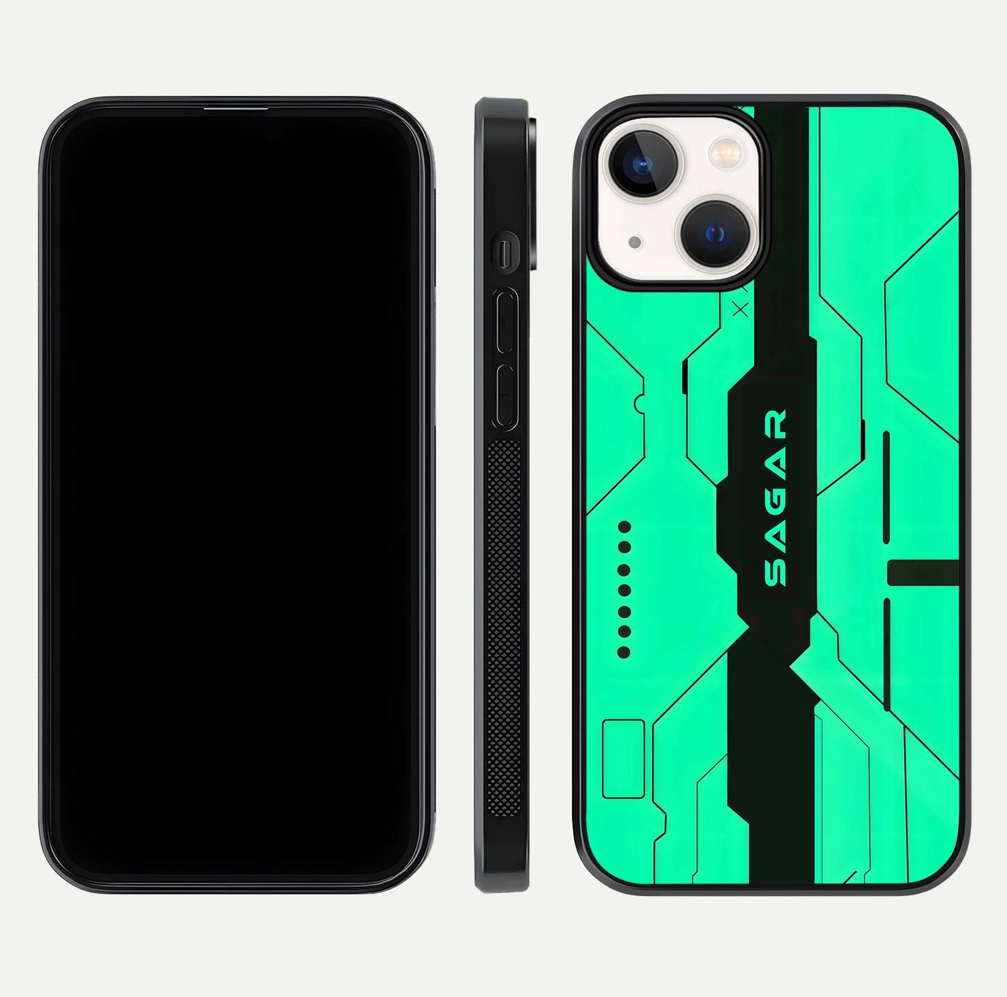 Aqua Tech CYBERPUNK Custom Name Glass Case for iPhone 13 front and back display showing sleek tech pattern and shine