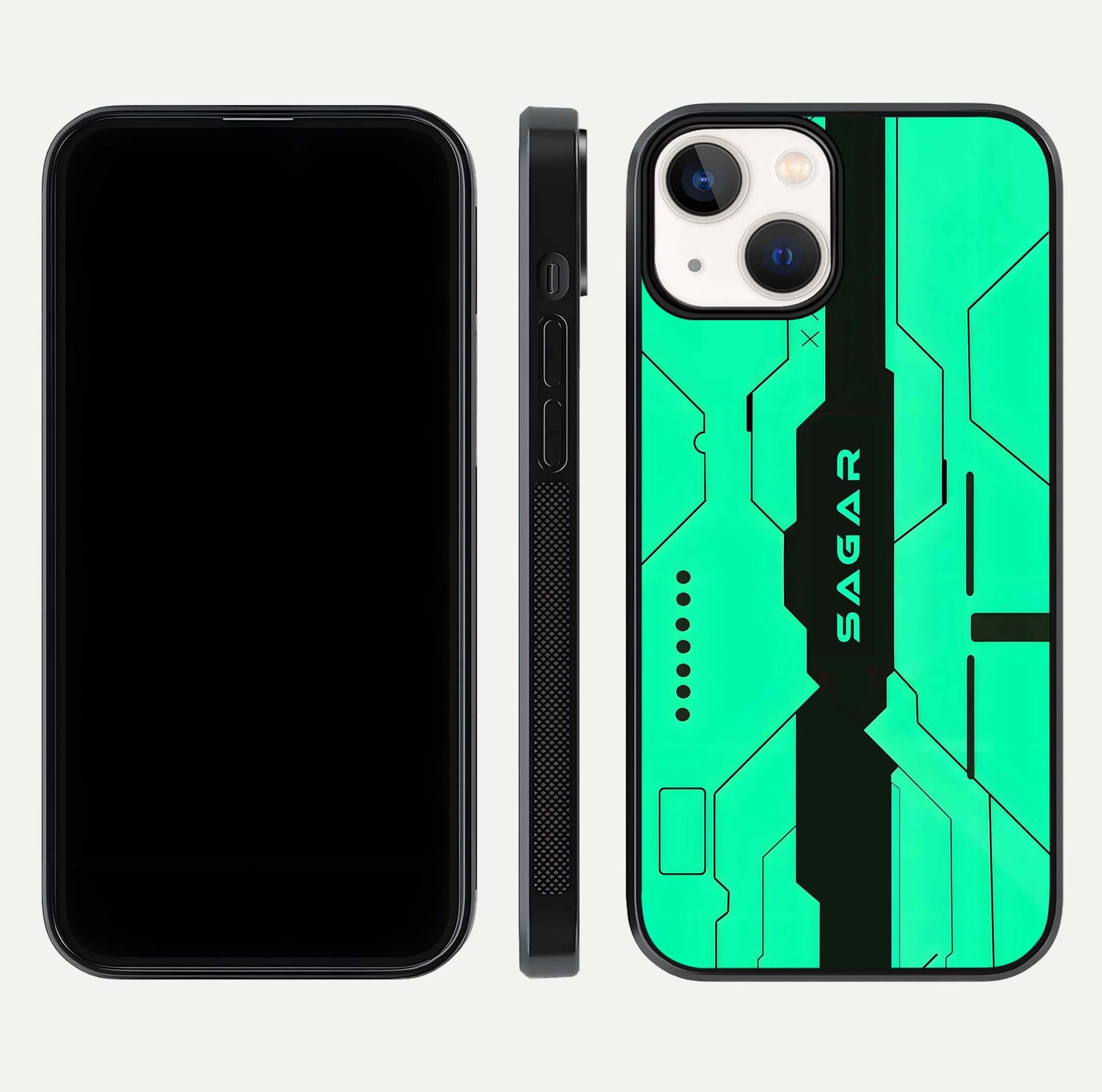 Aqua Tech CYBERPUNK Custom Name Glass Case for iPhone 13 front and back display showing sleek tech pattern and shine