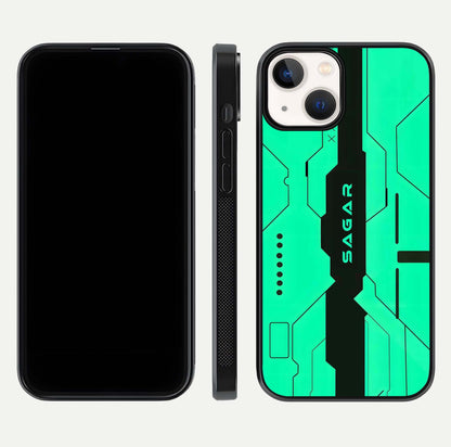 Aqua Tech CYBERPUNK Custom Name Glass Case for iPhone 13 front and back display showing sleek tech pattern and shine