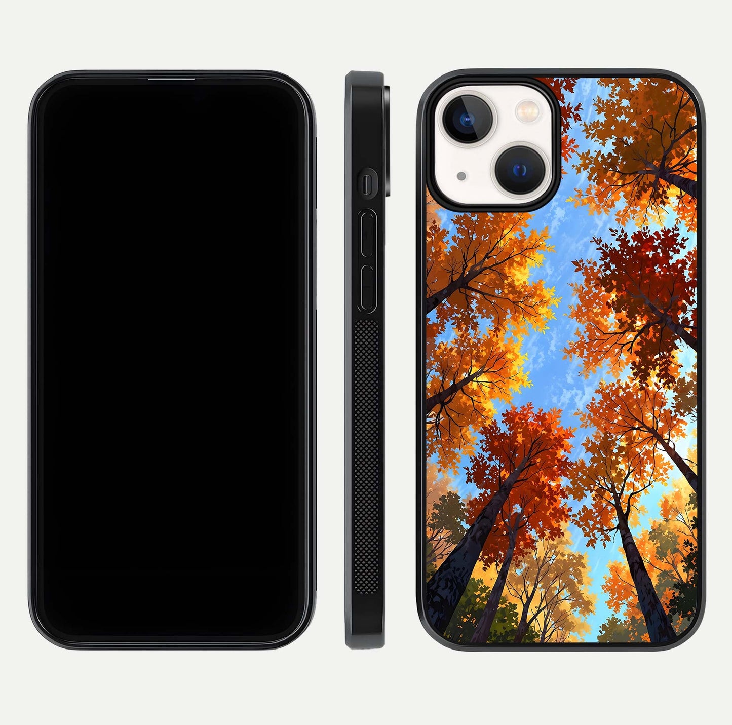 Autumn Sky Rise Glass Case for iPhone 13 front and back layout showing sky print and edge smoothness