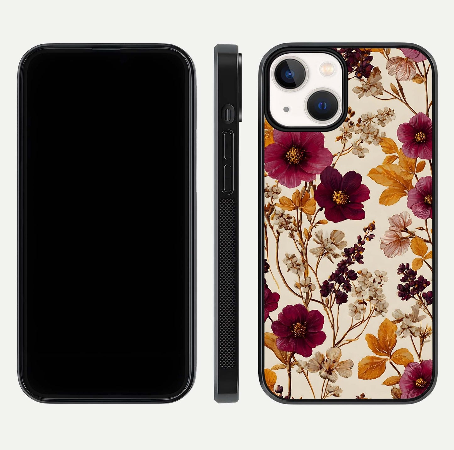 Autumn Wine Bloom Glass Case for iPhone 16 Pro front and back layout showing autumn print and HD glass clarity