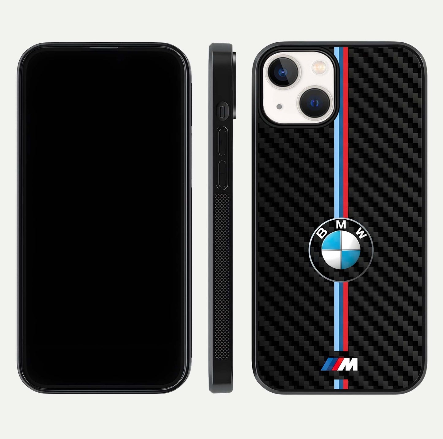 BMW Pattern Glass Case for iPhone 13 front-and-back layout displaying car-themed art and premium glass gloss