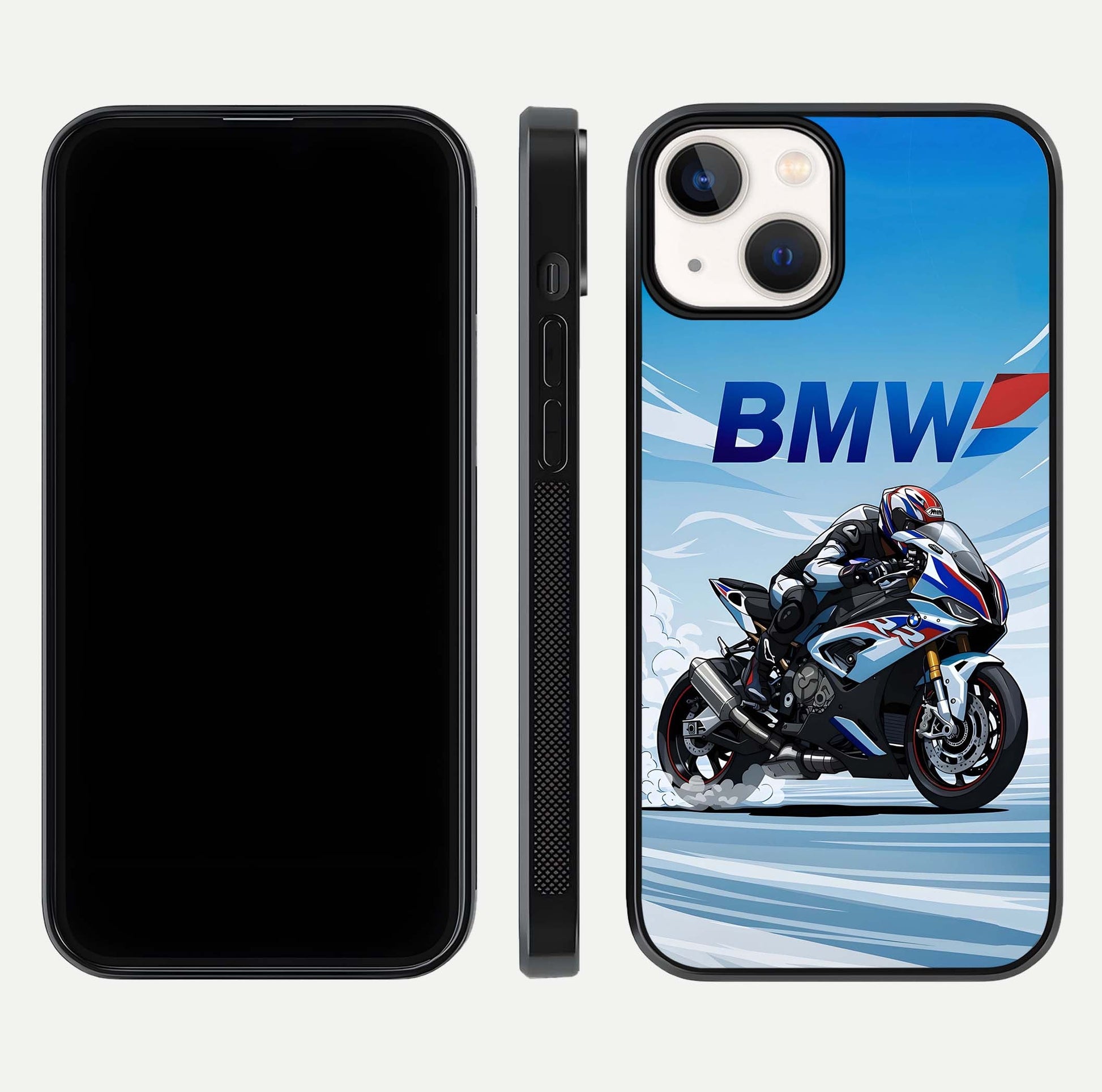 BMW Power Drift Glass Case for iPhone 13 dual-view layout showing energy pattern and edge clarity