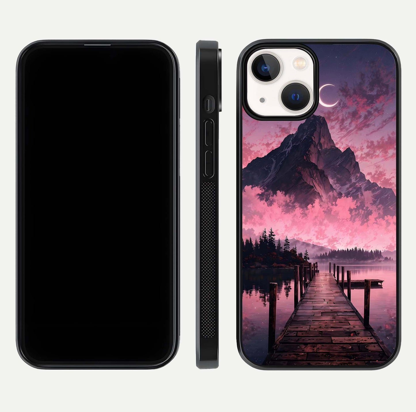 Beautyful Mountain View Glass Case for iPhone 16 Pro front and back layout showcasing natural tones and clarity