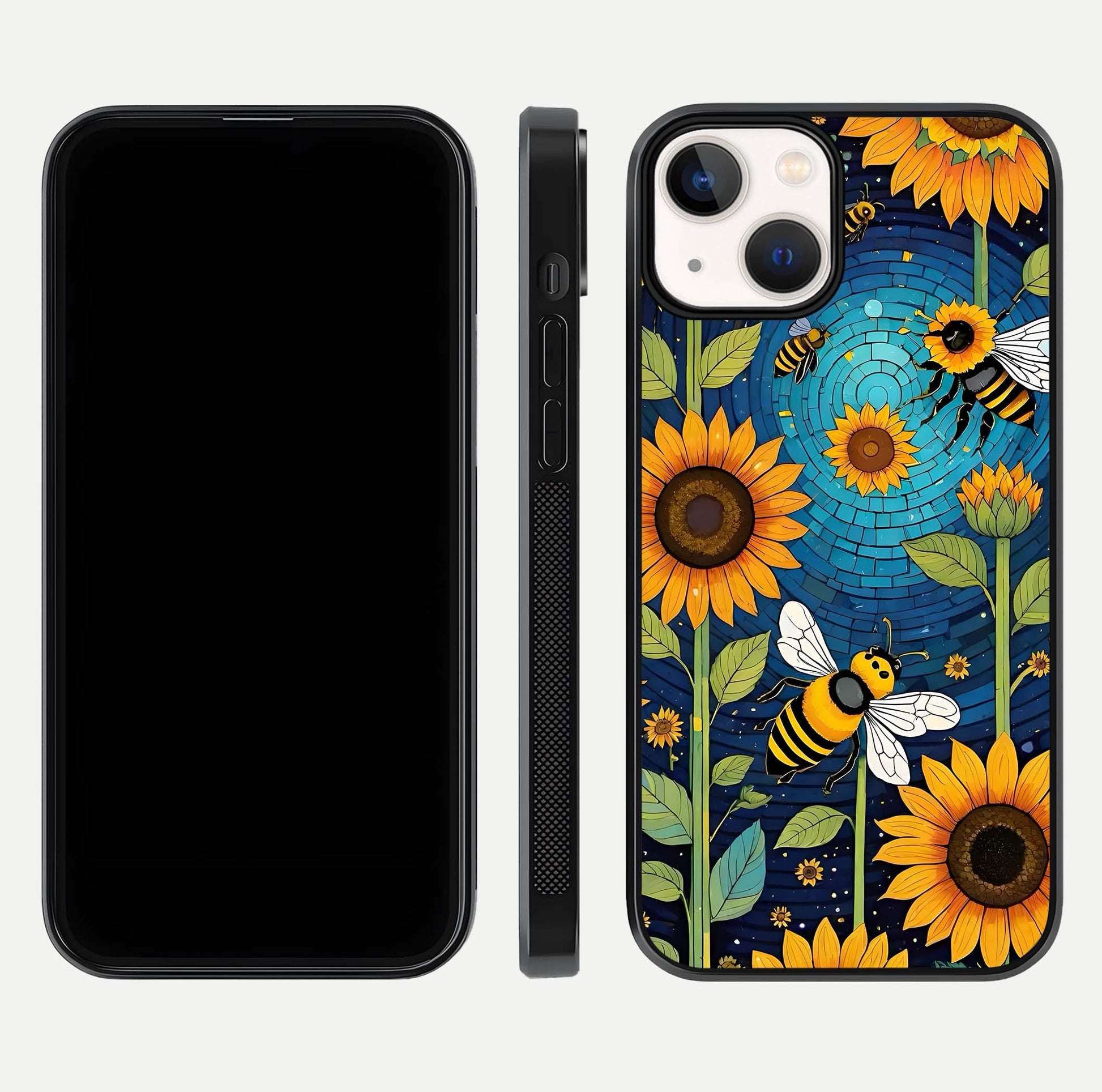Bees & Sunflowers Glass Case for iPhone 16 Pro front-and-back layout highlighting nature-inspired artwork and protective edge