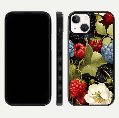 Berry Bloom Charm Glass Case for iPhone 16 Pro front-and-back layout showing floral pattern continuity and smooth glass shine