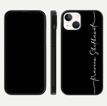 Black Tune Custom Name Glass Case for iPhone 13 front-and-back layout showing personalized name zone and edges