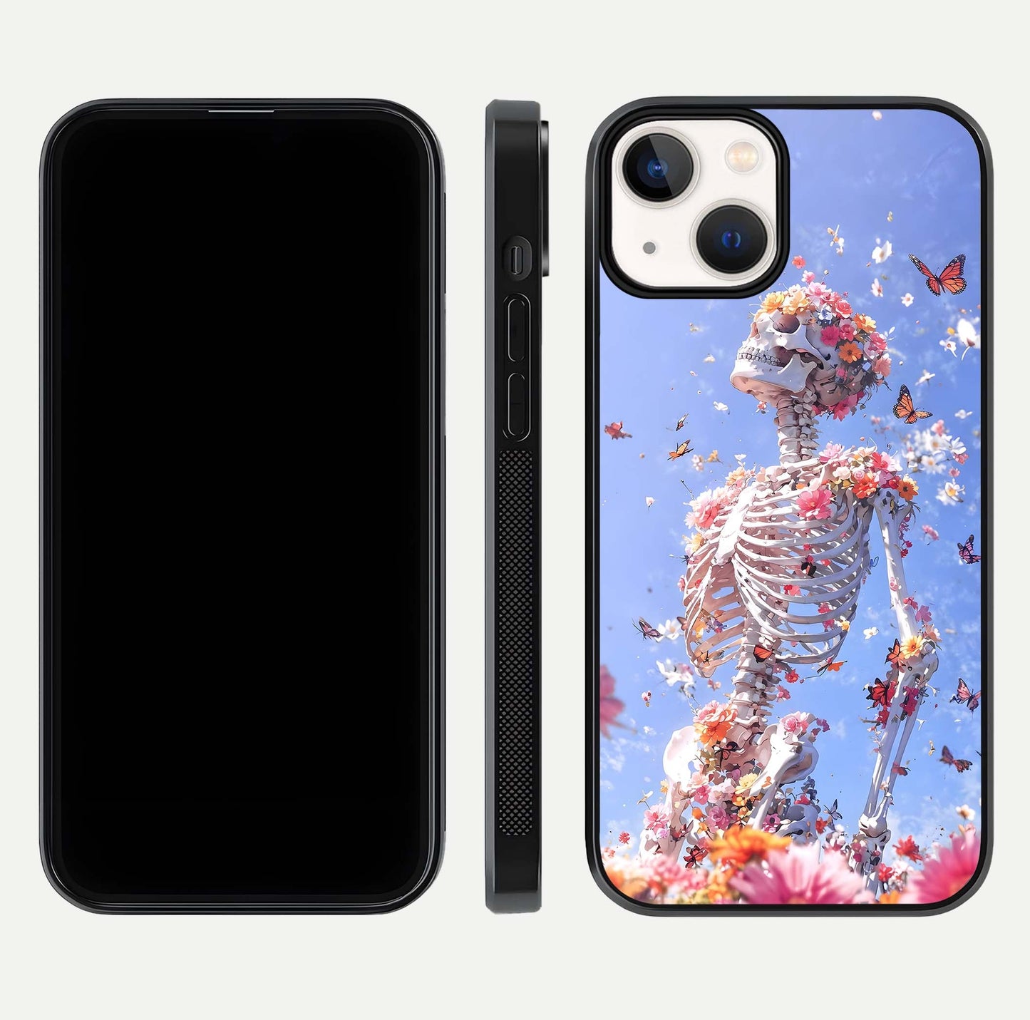 Bloom Beyond Bones Glass Case for iPhone 16 Pro dual-view layout showing creative aesthetic and edge design