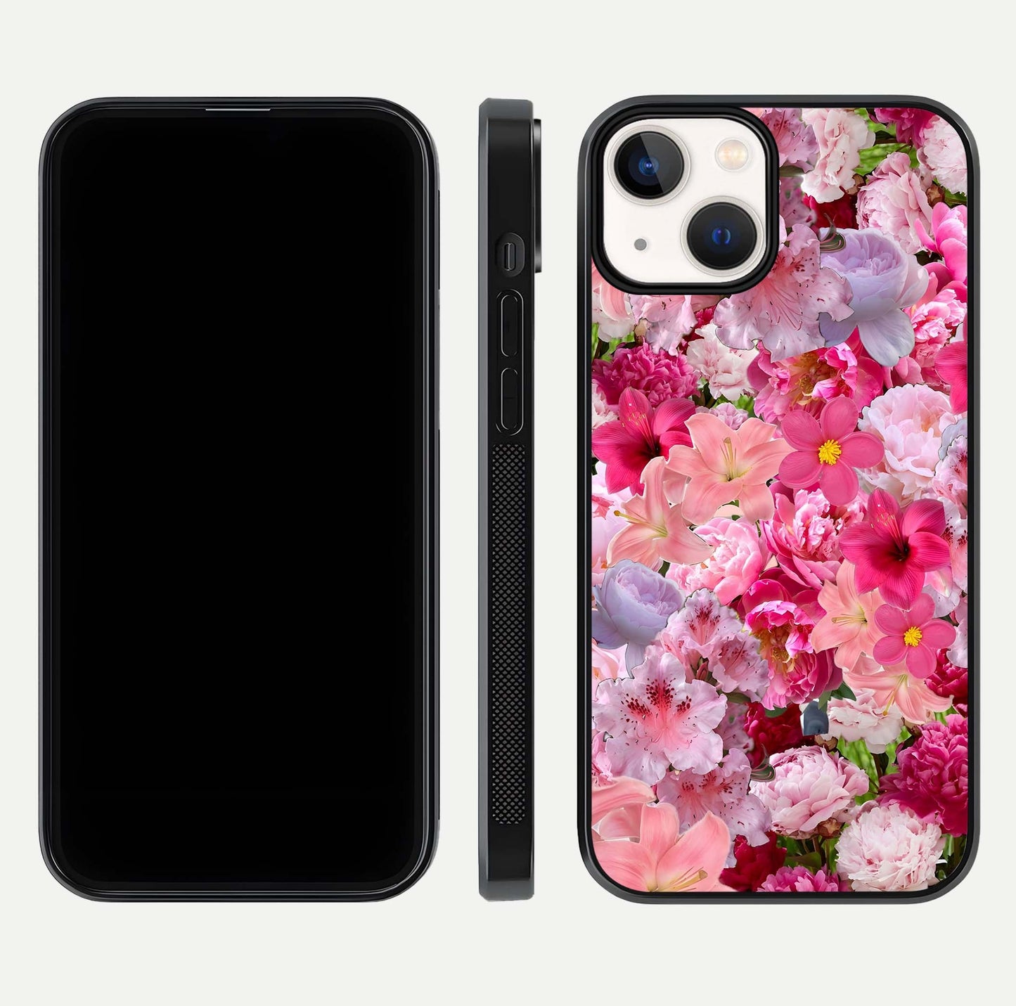 Bloom Crush Fantasy Glass Case for iPhone 13 dual-view layout highlighting edges and premium shine