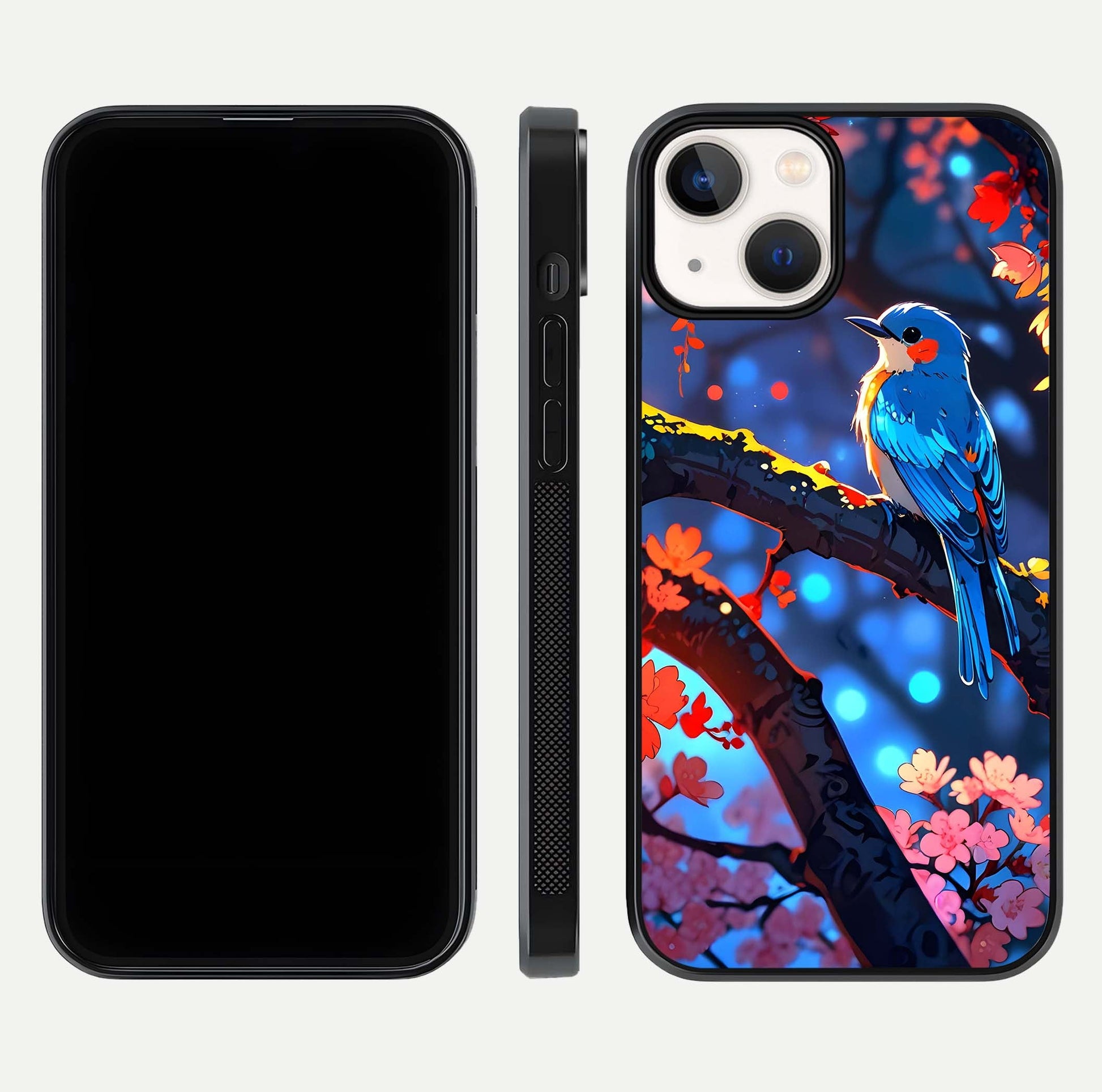 Blooming Spendor Bird Glass Case for iPhone 13 front-and-back view showing nature print and protective edge